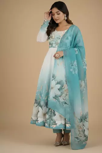 Multicolor printed pure organza salwar suit