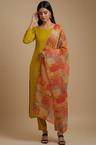 Mustard floral print pure viscose salwar suit
