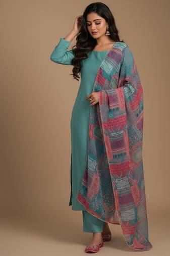 Sea-green floral print pure viscose salwar suit