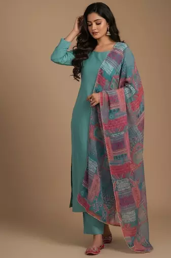 Sea-green floral print pure viscose salwar suit