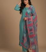 Sea-green floral print pure viscose salwar suit