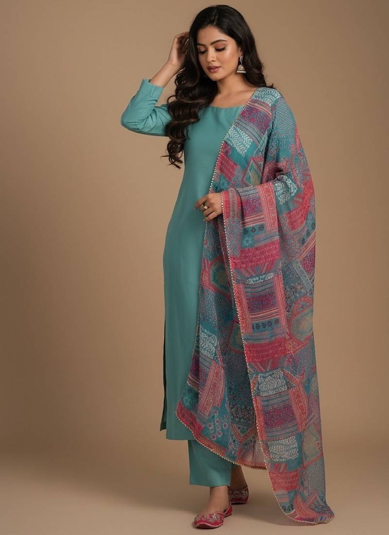 Sea-green floral print pure viscose salwar suit