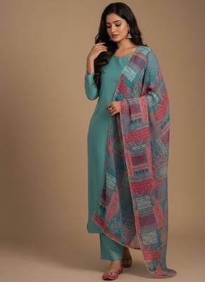 Sea-green floral print pure viscose salwar suit 2