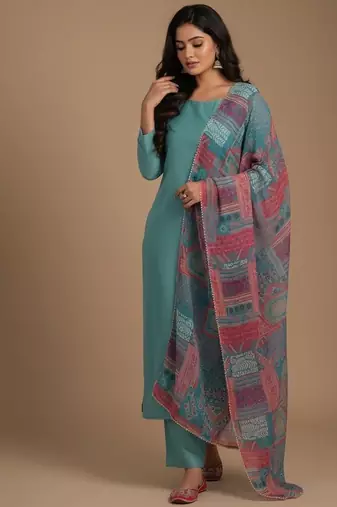 Sea-green floral print pure viscose salwar suit