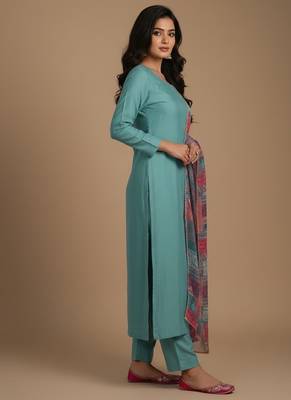 Sea-green floral print pure viscose salwar suit 4