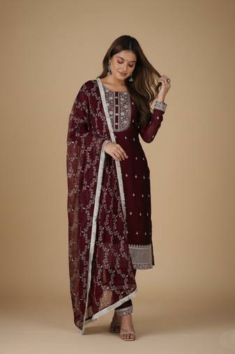 Maroon embroidered pure silk salwar suit