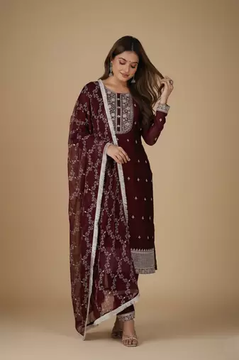 Maroon embroidered pure silk salwar suit