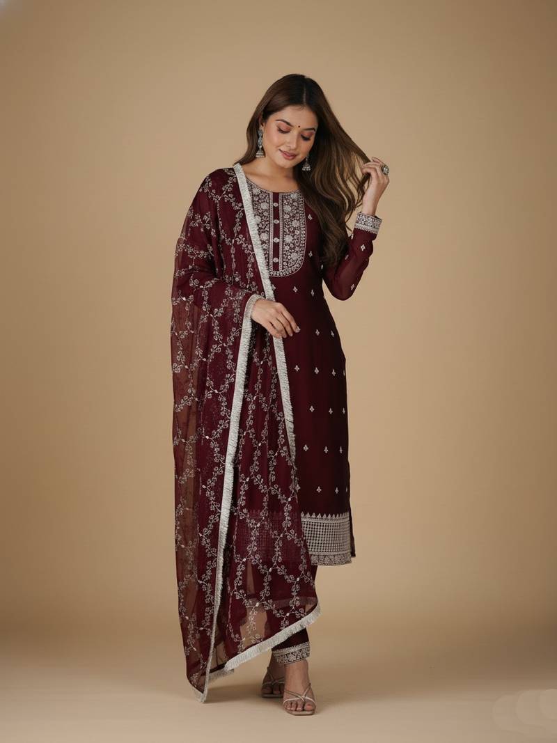 Maroon embroidered pure silk salwar suit
