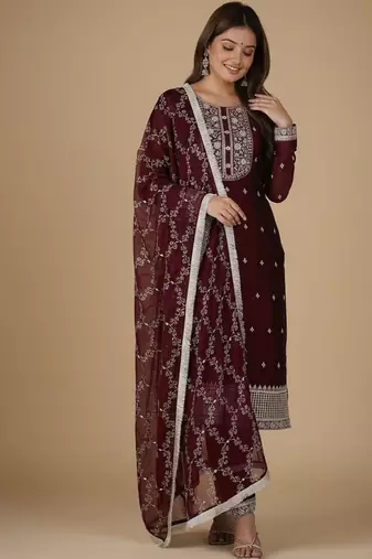 Maroon embroidered pure silk salwar suit