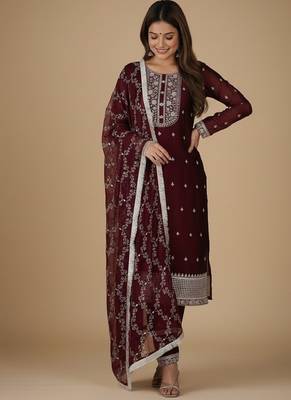 Maroon embroidered pure silk salwar suit 3