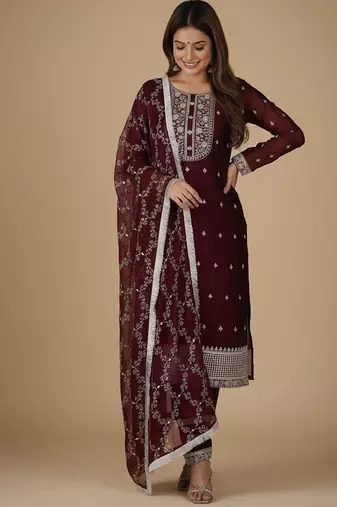 Maroon embroidered pure silk salwar suit
