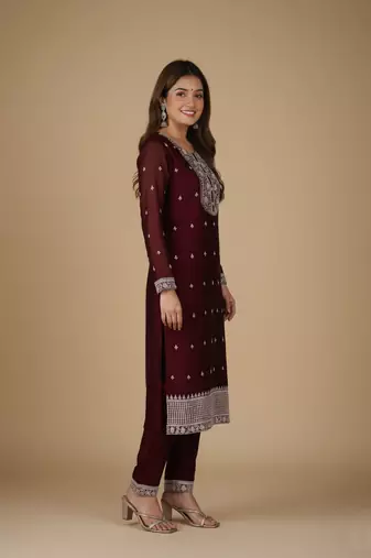 Maroon embroidered pure silk salwar suit