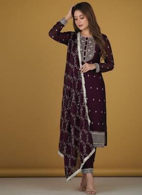 Wine embroidered pure silk salwar suit 1