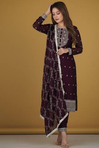 Wine embroidered pure silk salwar suit