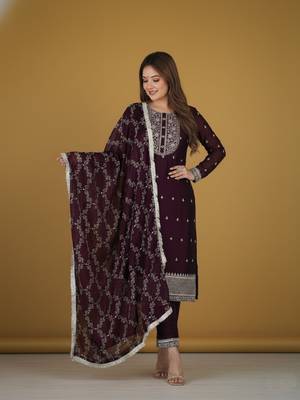 Wine embroidered pure silk salwar suit 2