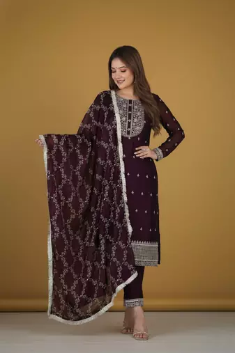 Wine embroidered pure silk salwar suit