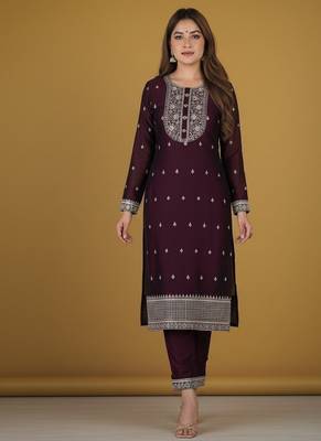 Wine embroidered pure silk salwar suit 3