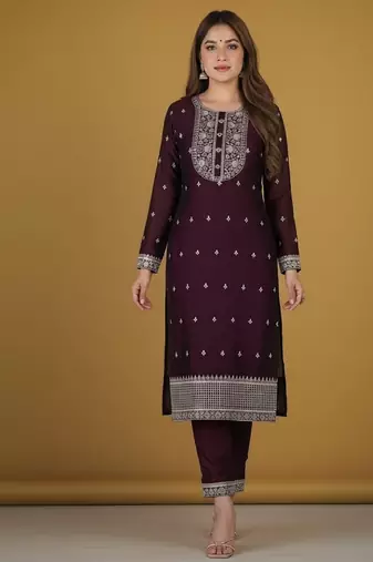 Wine embroidered pure silk salwar suit