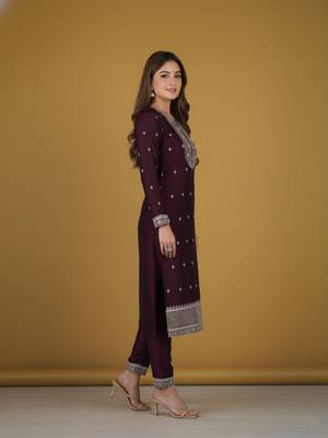 Wine embroidered pure silk salwar suit 4