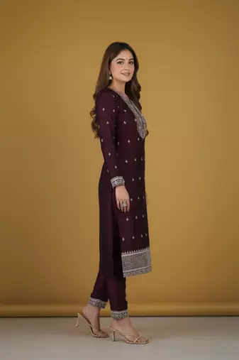 Wine embroidered pure silk salwar suit