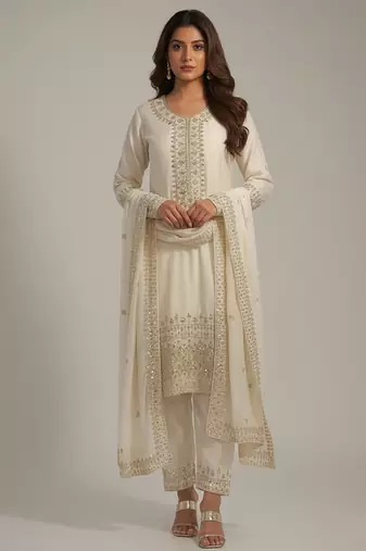 White sequins pure silk salwar suit