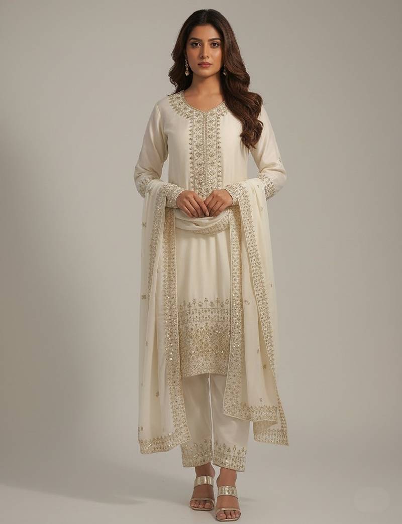 White sequins pure silk salwar suit