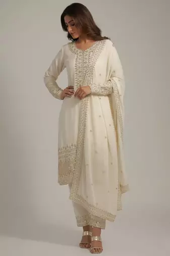 White sequins pure silk salwar suit