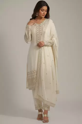 White sequins pure silk salwar suit