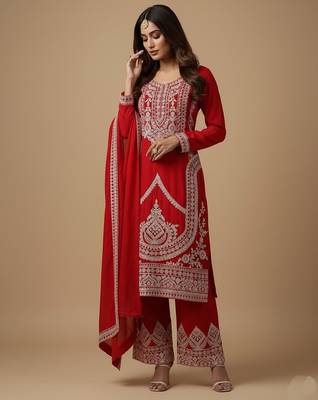 Red sequins pure silk salwar suit 1