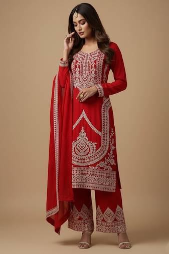 Red sequins pure silk salwar suit