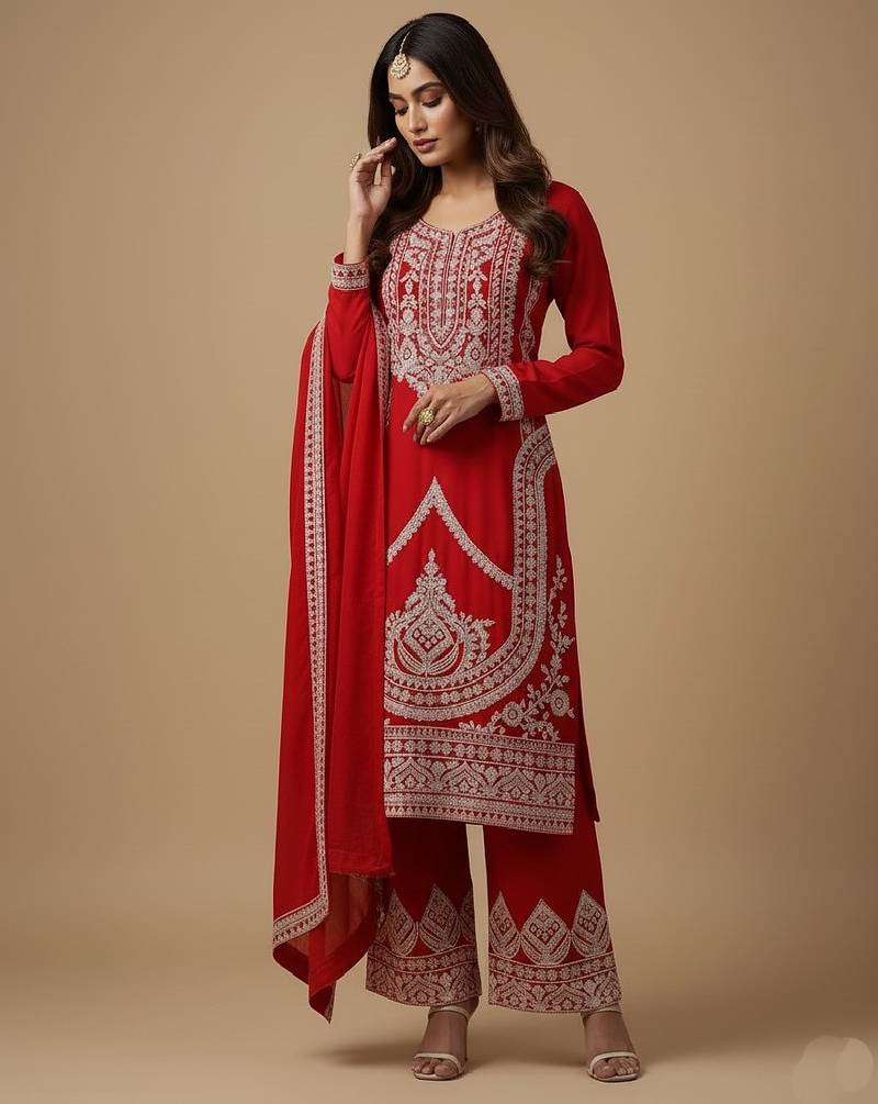 Red sequins pure silk salwar suit