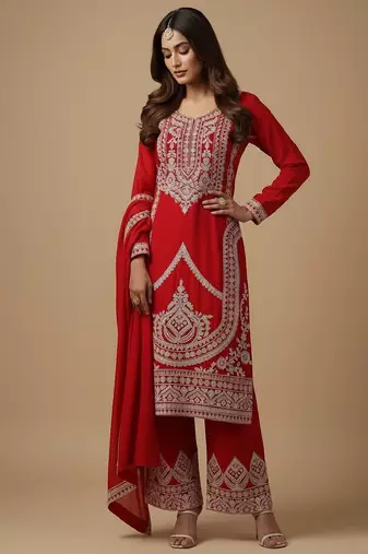 Red sequins pure silk salwar suit