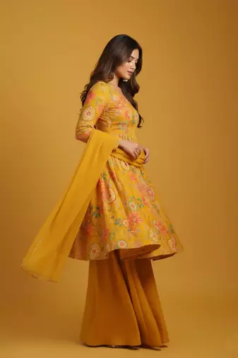 Multicolor printed pure chanderi silk salwar suit