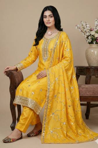 Yellow thread embroidery silk salwar suit