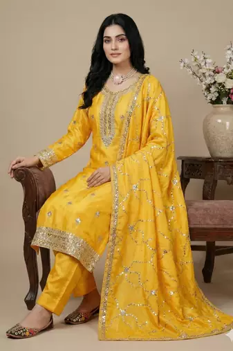 Yellow thread embroidery silk salwar suit