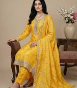 Yellow thread embroidery silk salwar suit