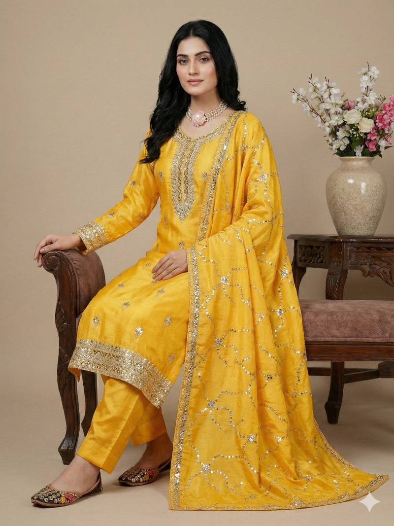 Yellow thread embroidery silk salwar suit