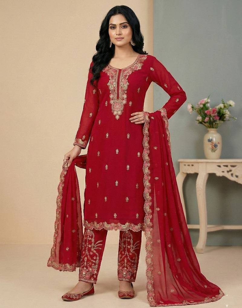 Red thread faux georgette salwar suit
