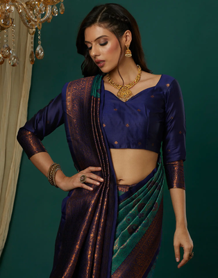 sky neavy blue silk blend banarasi saree with unstitched blouse piece 4