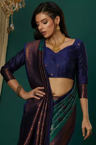sky neavy blue silk blend banarasi saree with unstitched blouse piece
