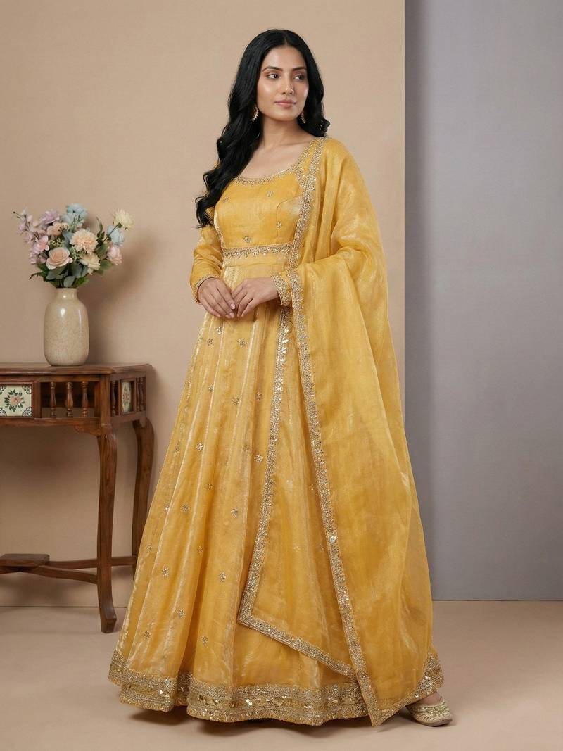 Cream sequins silk blend salwar suit