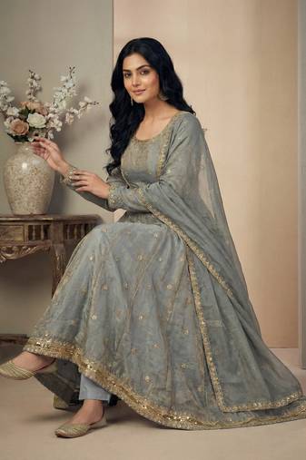 Grey sequins silk blend salwar suit