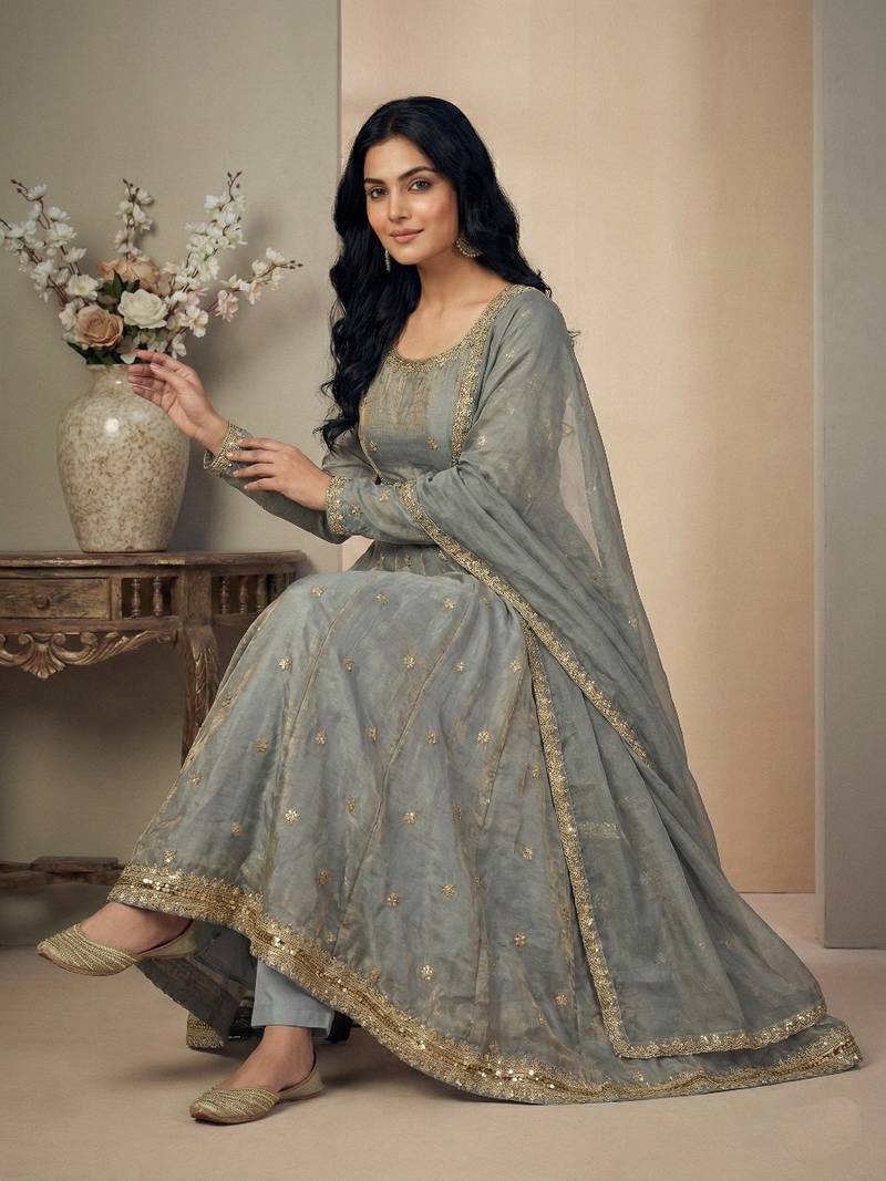 Grey sequins silk blend salwar suit
