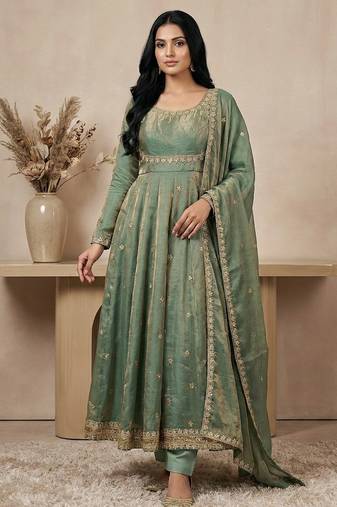 Sea-green sequins silk blend salwar suit