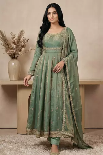 Sea-green sequins silk blend salwar suit