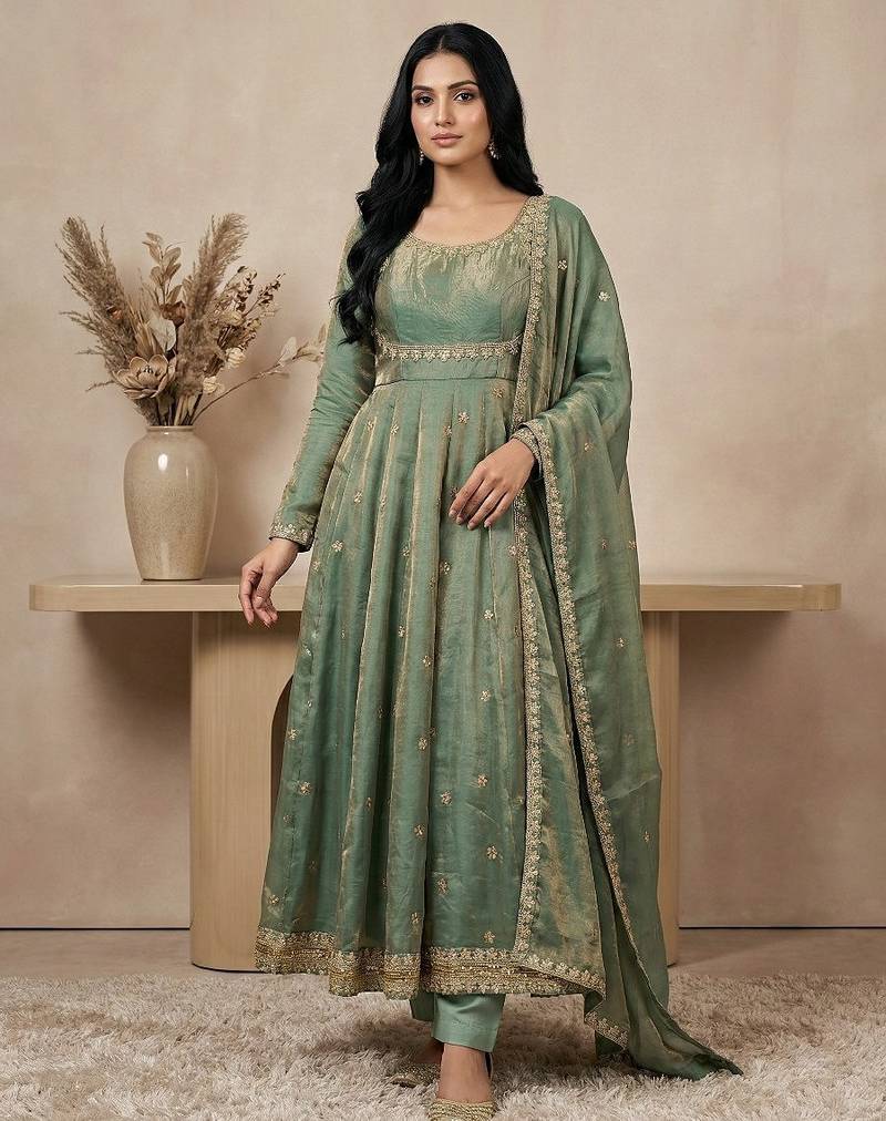Sea-green sequins silk blend salwar suit
