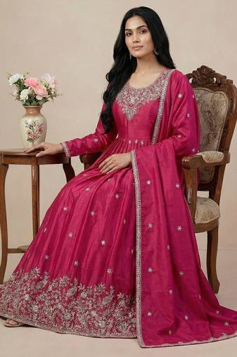 Pink thread embroidery art silk salwar suit