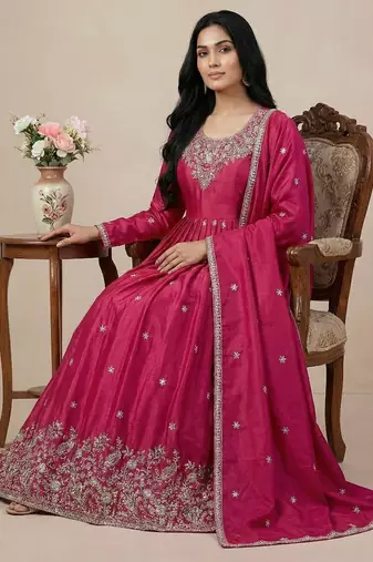 Pink thread embroidery art silk salwar suit