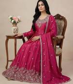 Pink thread embroidery art silk salwar suit