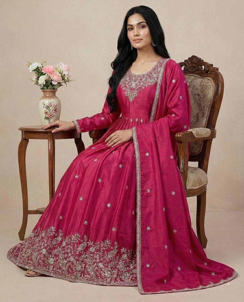 Pink thread embroidery art silk salwar suit